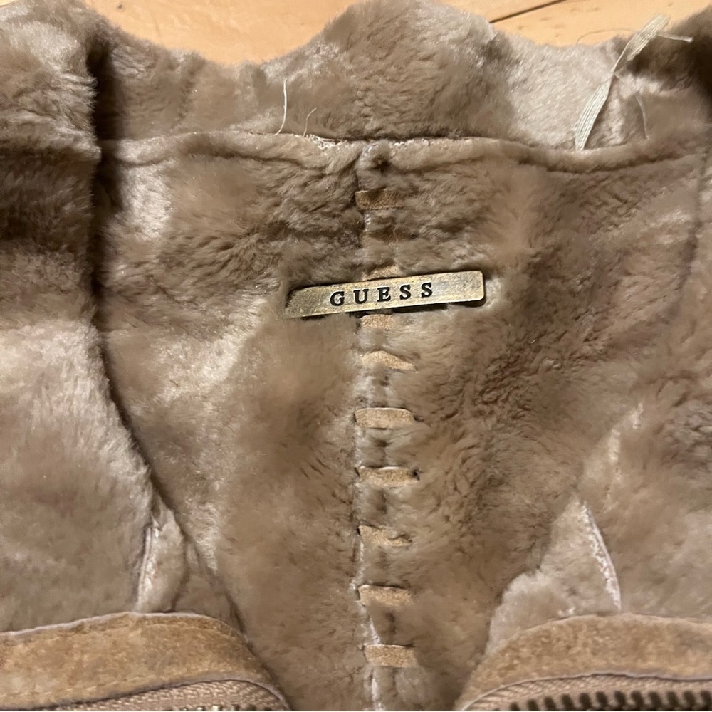 Vintage Guess Jacket Womens Small Tan Genuine Leather Faux Fur Lined Suede Y2K - Picture 7 of 10